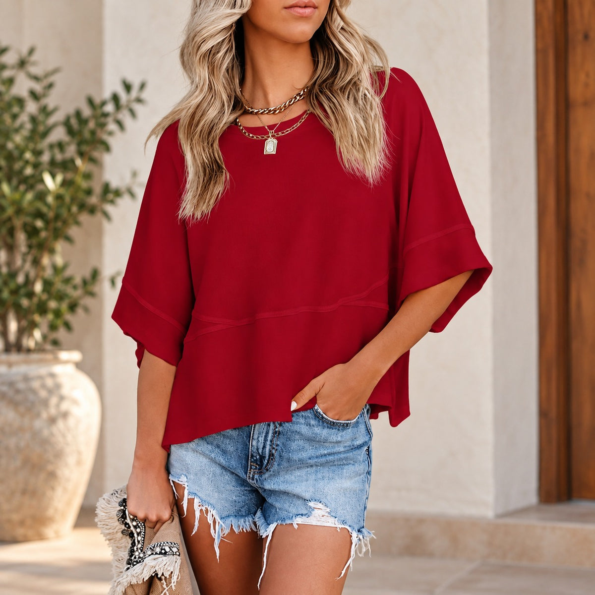Lenya™ Bluse mit leichtem Fall, weiten Ärmeln und Frontnaht-Detail