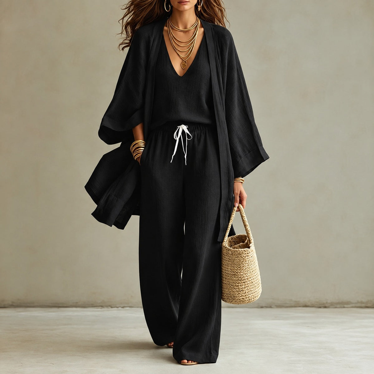 Enna™ 3-teiliges Set mit V-Ausschnitt-Top, weiter Hose und langem Kimono