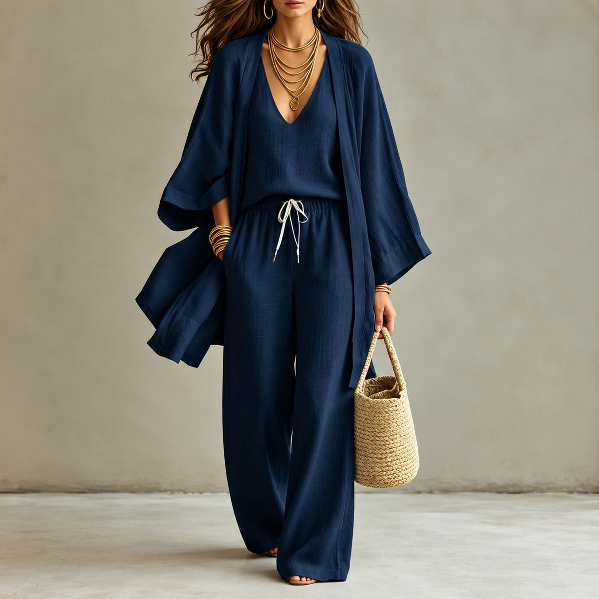 Enna™ 3-teiliges Set mit V-Ausschnitt-Top, weiter Hose und langem Kimono