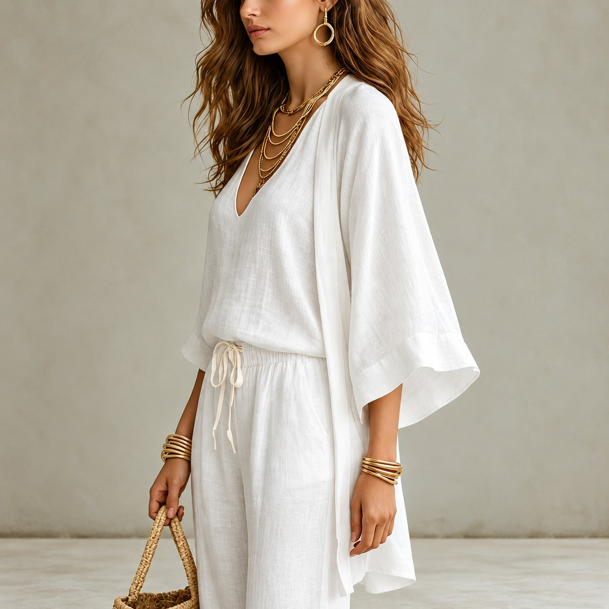 Enna™ 3-teiliges Set mit V-Ausschnitt-Top, weiter Hose und langem Kimono