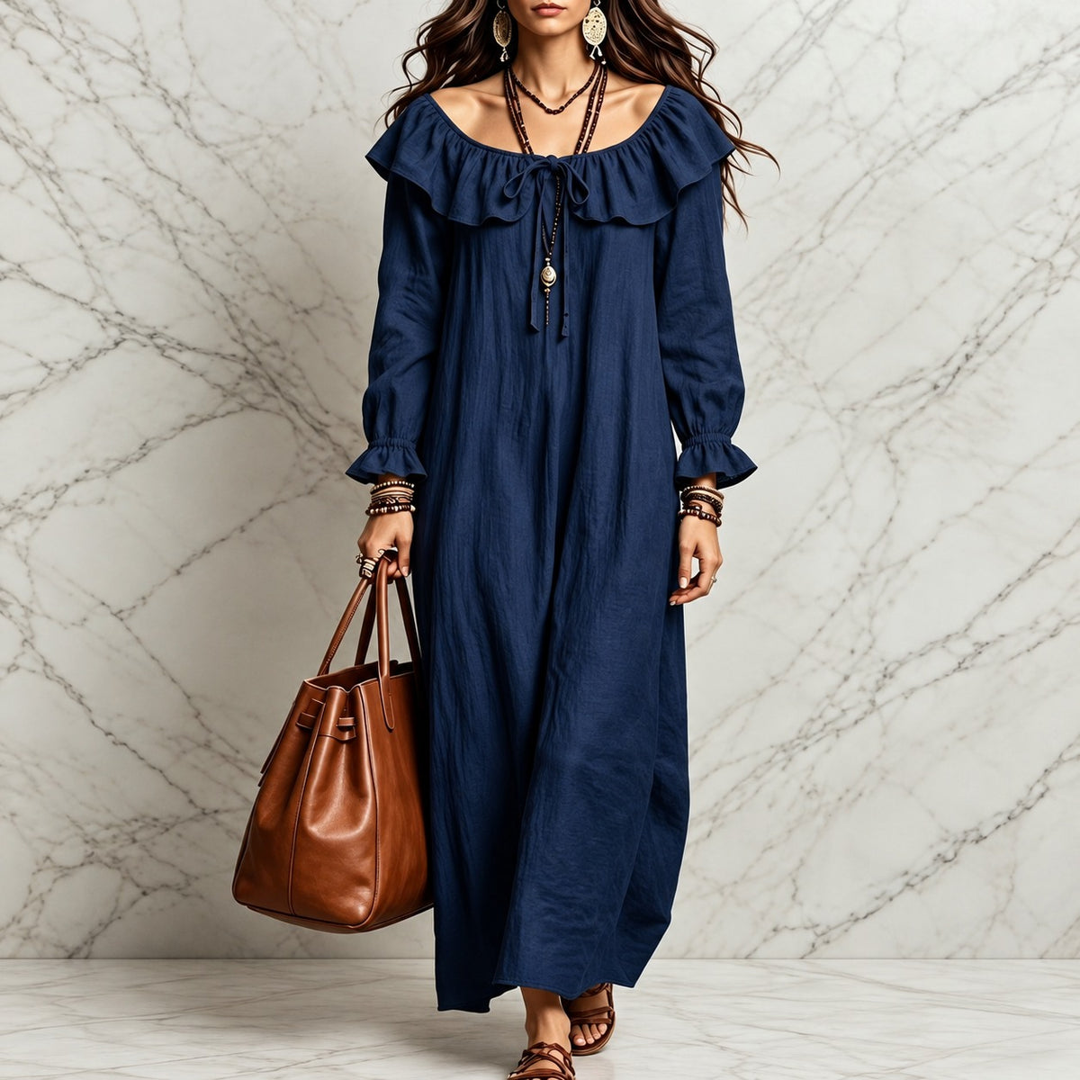 Kleid Jasmina™ mit Rüschen am Ausschnitt, gerafften Bündchen und weitem Schnitt