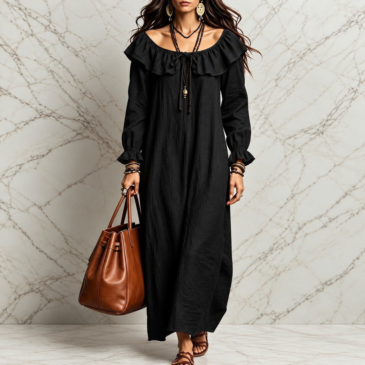 Kleid Jasmina™ mit Rüschen am Ausschnitt, gerafften Bündchen und weitem Schnitt