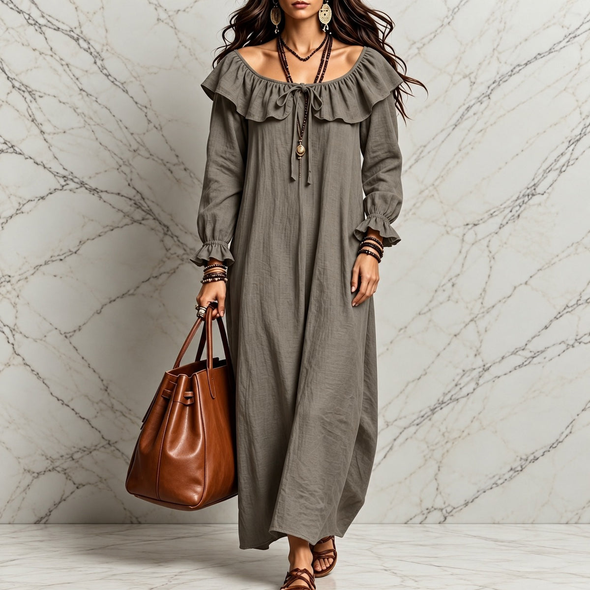 Kleid Jasmina™ mit Rüschen am Ausschnitt, gerafften Bündchen und weitem Schnitt