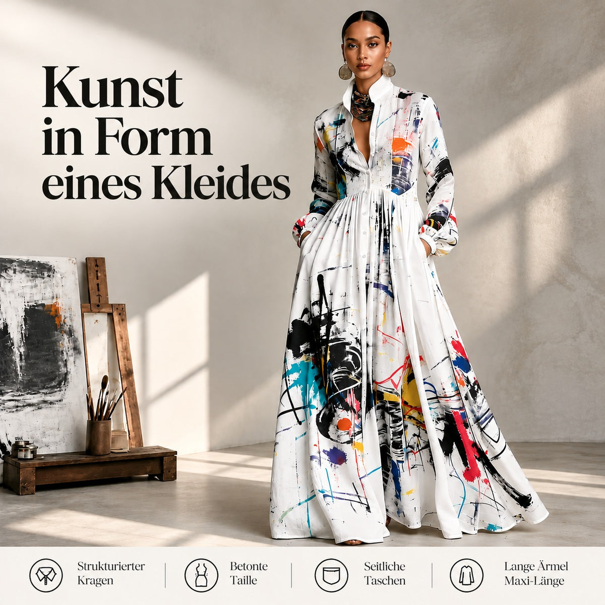 Kleid Pauline™ mit abstraktem Kunstmuster, betonter Taille und weitem Rock