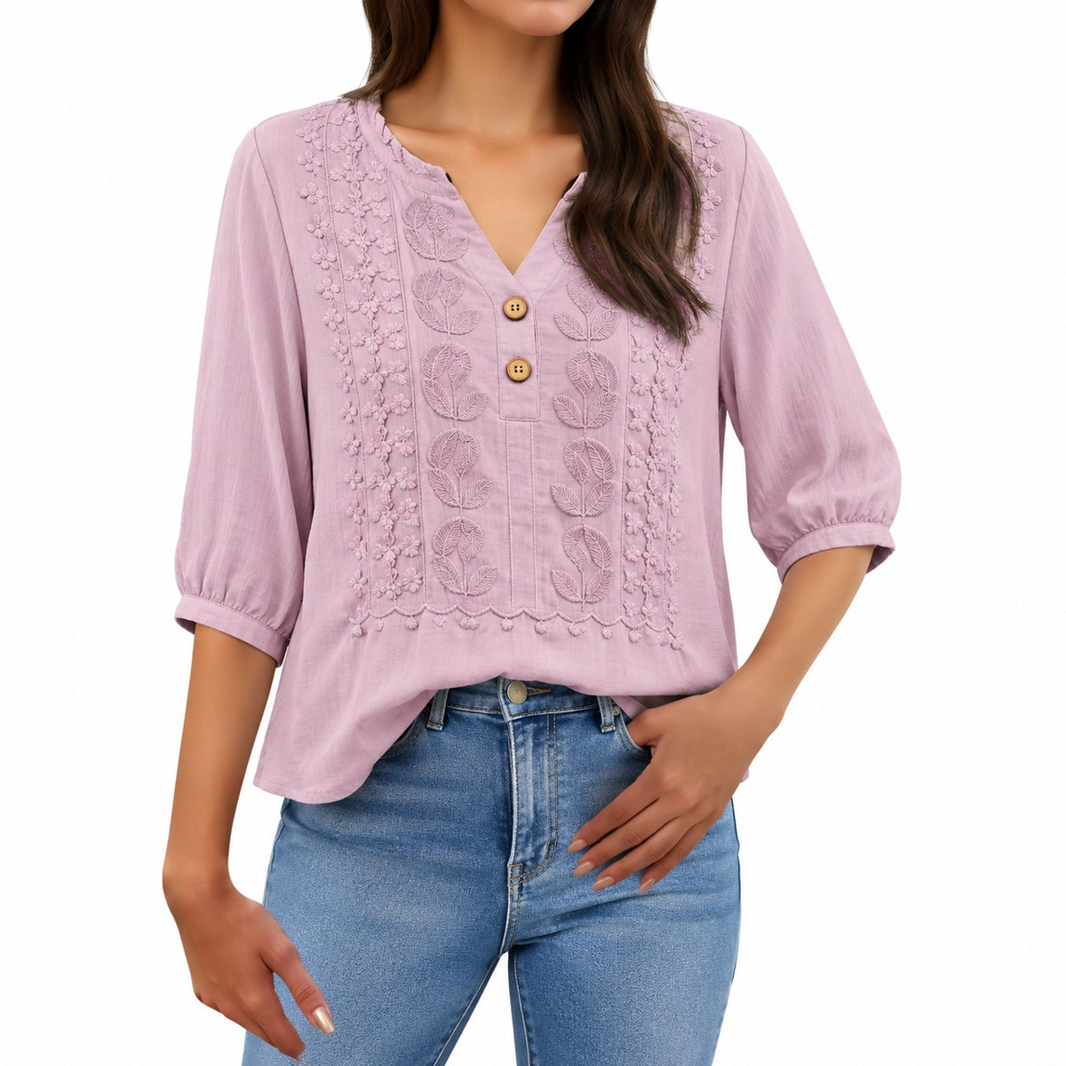 Bluse Ariadne™ mit kunstvoller Stickerei, V-Ausschnitt und Dreiviertelärmeln