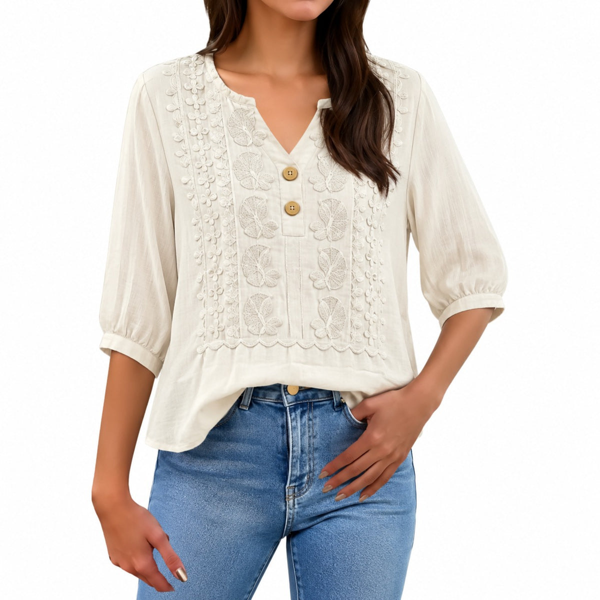 Bluse Ariadne™ mit kunstvoller Stickerei, V-Ausschnitt und Dreiviertelärmeln
