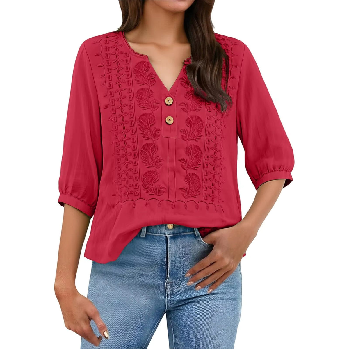 Bluse Ariadne™ mit kunstvoller Stickerei, V-Ausschnitt und Dreiviertelärmeln