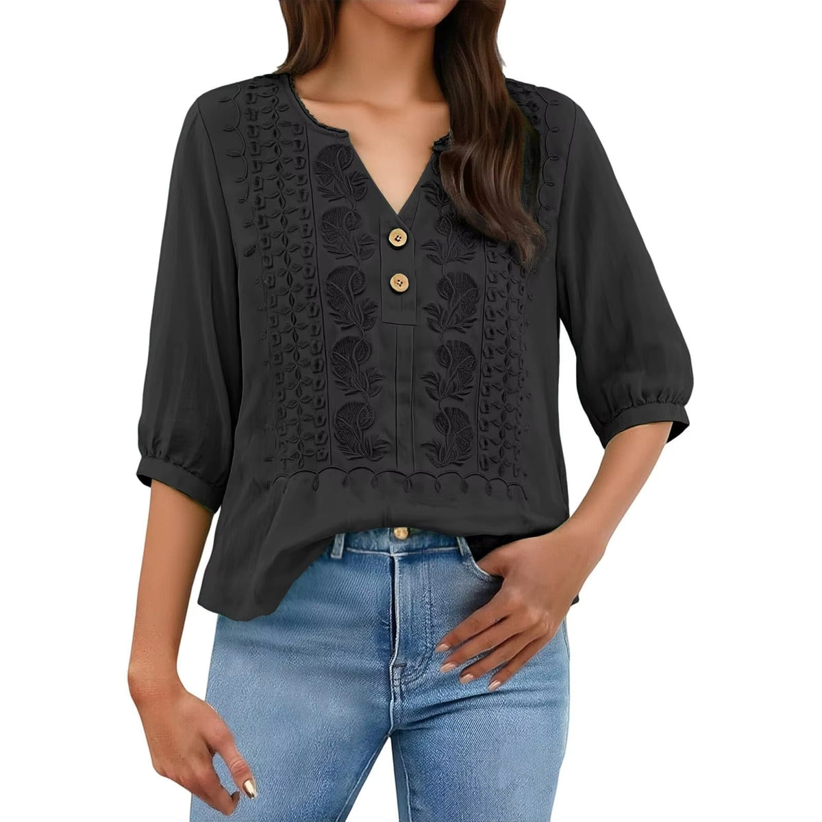 Bluse Ariadne™ mit kunstvoller Stickerei, V-Ausschnitt und Dreiviertelärmeln