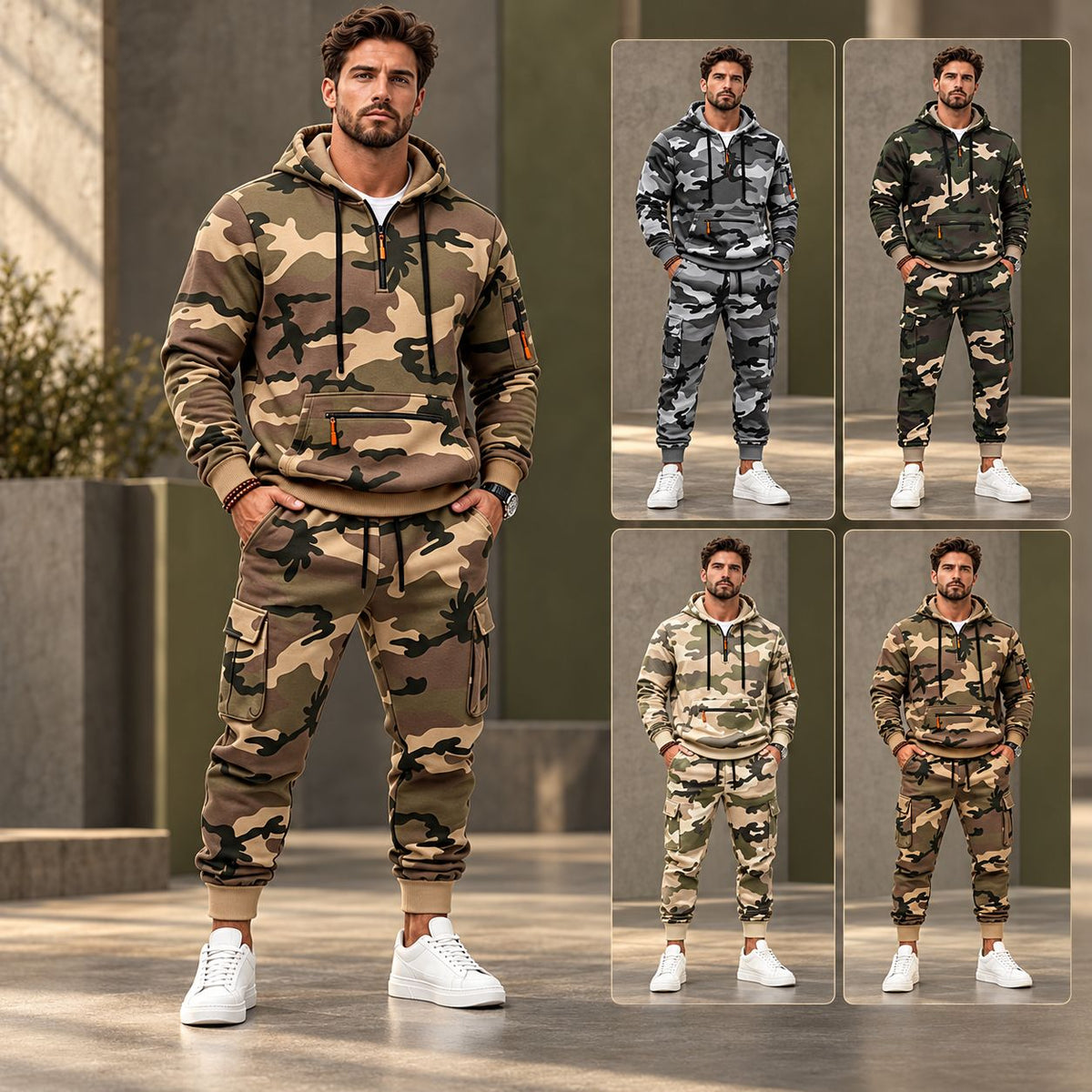 Camouflage-Set Waldhain™ aus Premium-Sweatstoff mit Kapuzenpullover und Cargohose