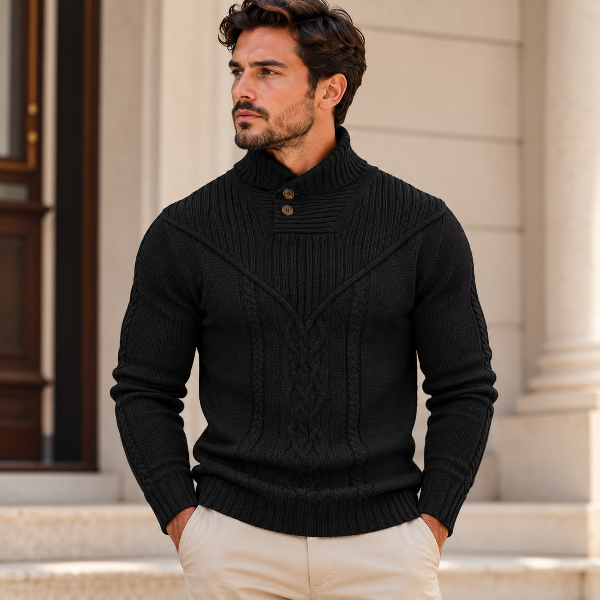 Pullover Oskar™ mit Strukturstrick, hohem Kragen mit Knöpfen und Zopfmuster