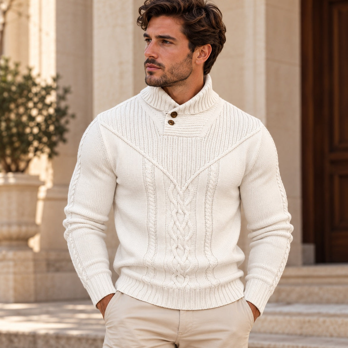 Pullover Oskar™ mit Strukturstrick, hohem Kragen mit Knöpfen und Zopfmuster