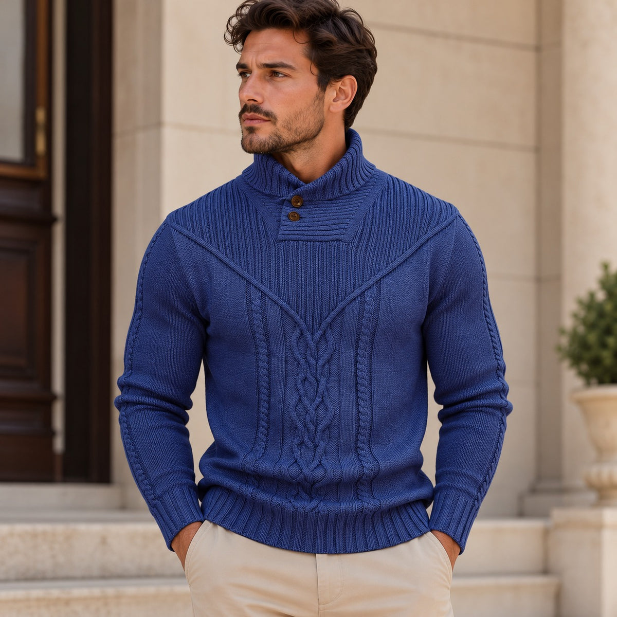 Pullover Oskar™ mit Strukturstrick, hohem Kragen mit Knöpfen und Zopfmuster