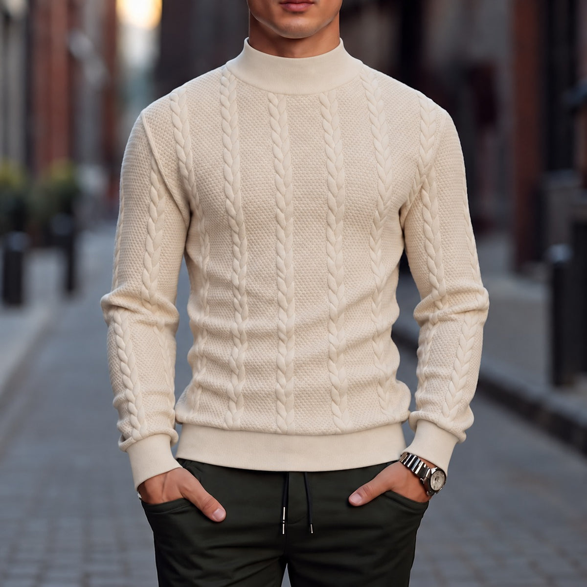 Pullover Tassilo™ mit plastischem Zopfmuster, Stehkragen und hochwertiger Verarbeitung