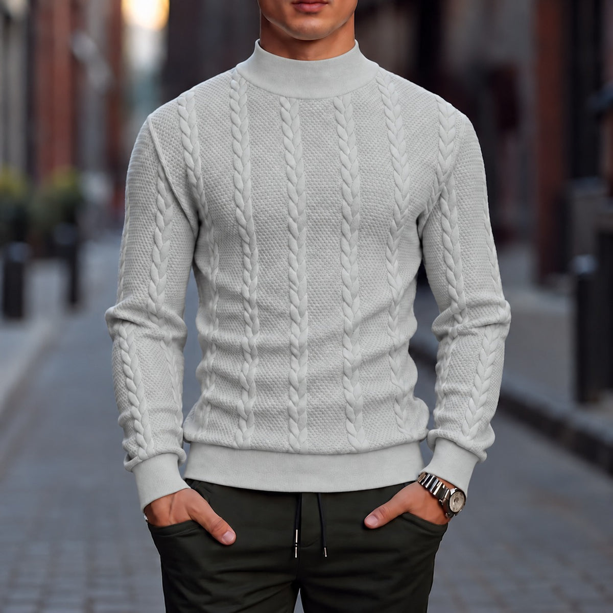 Pullover Tassilo™ mit plastischem Zopfmuster, Stehkragen und hochwertiger Verarbeitung
