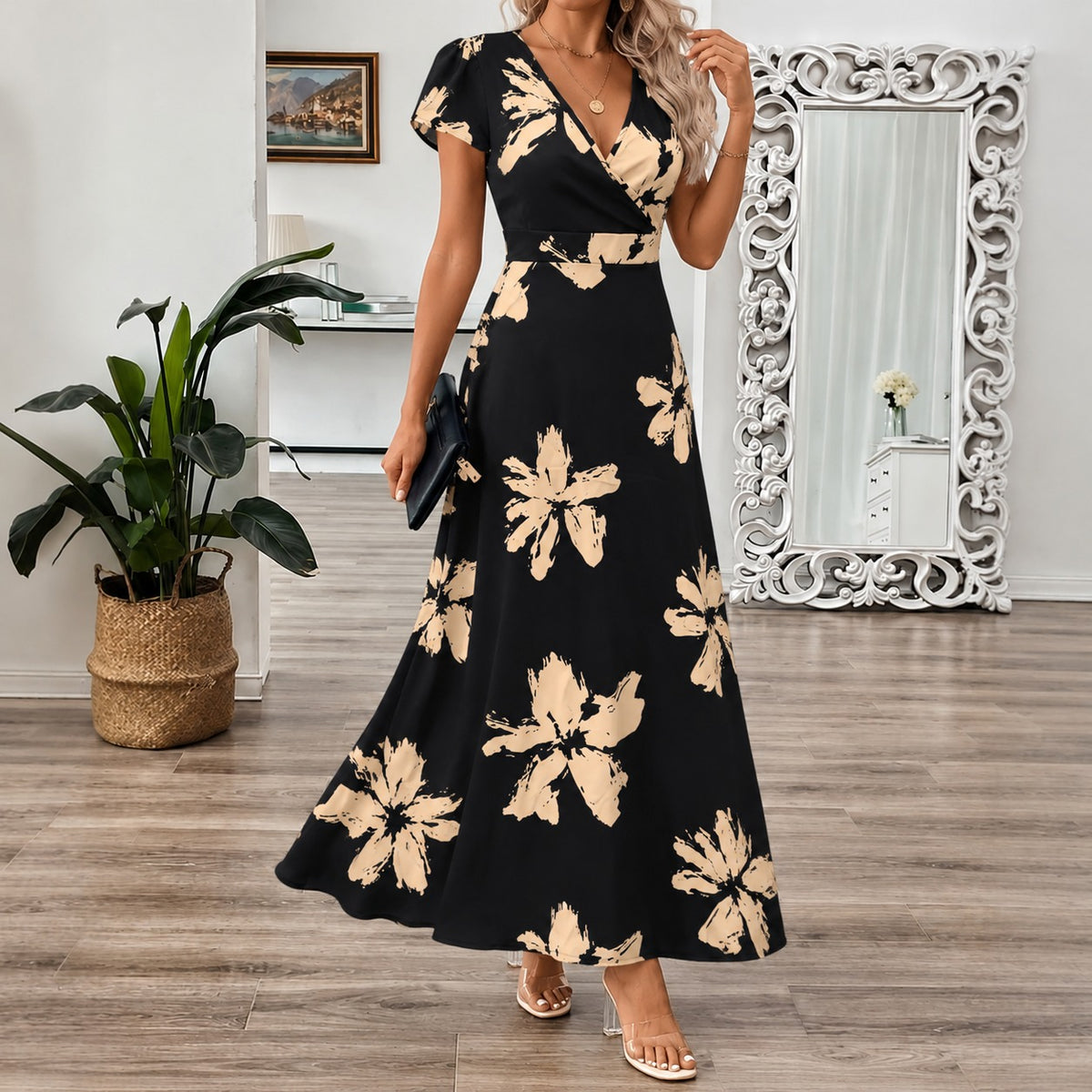 Kleid Celle™ mit kontrastierendem Muster, V-Ausschnitt und Maxilänge