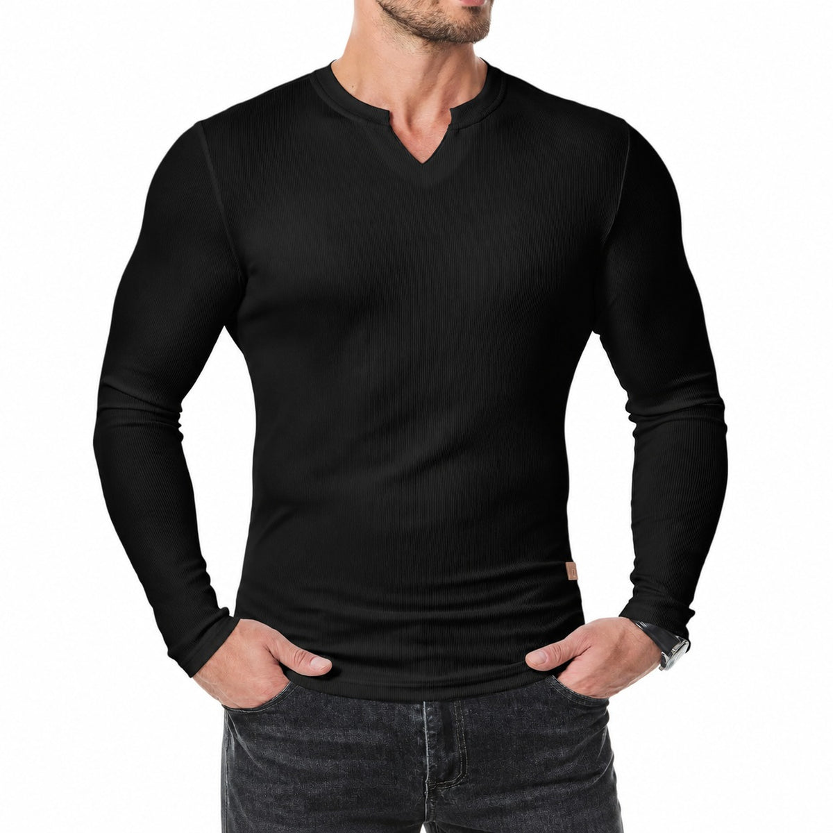 Holm™ Langarmshirt mit feiner Rippenstruktur und V-Ausschnitt