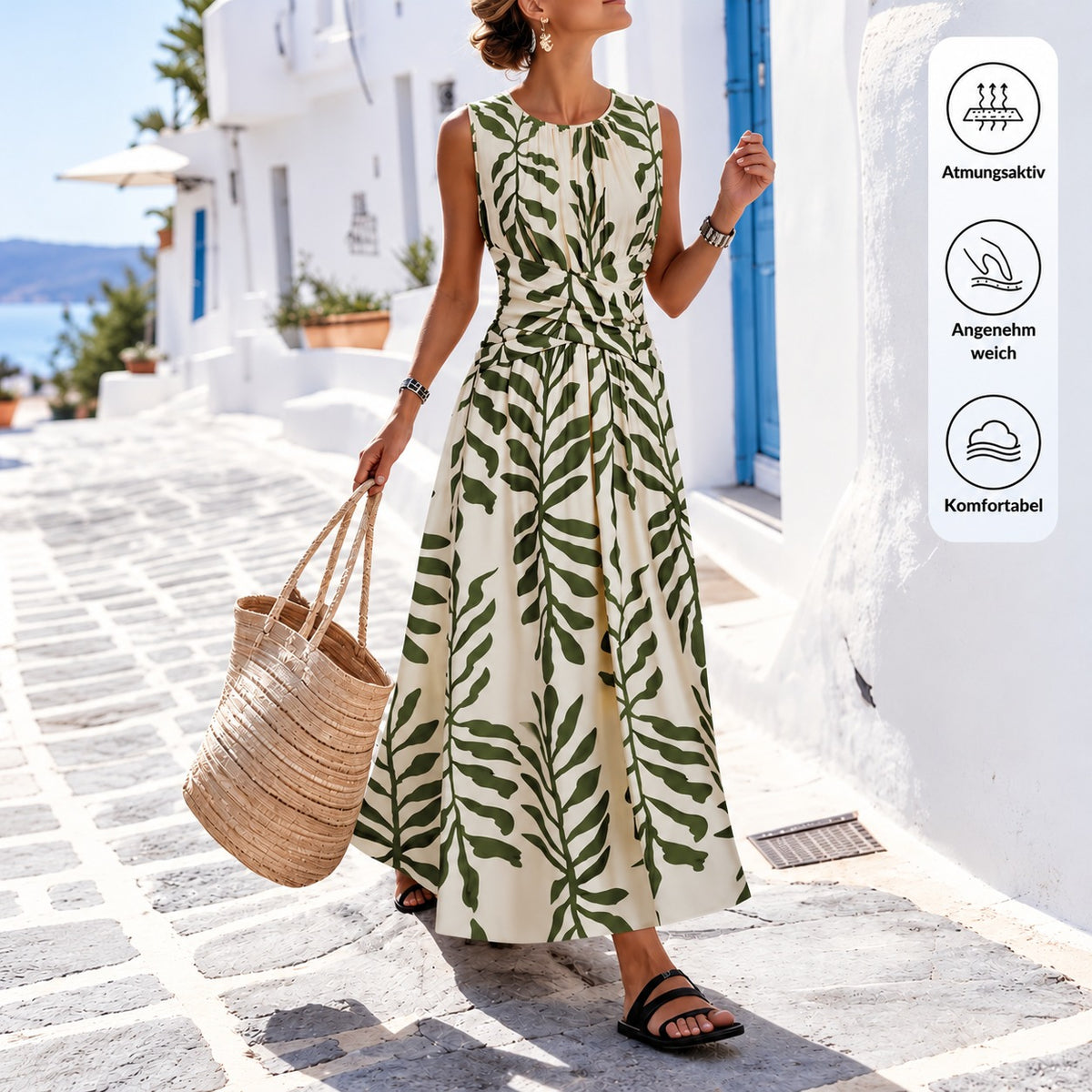 Florenz™ Maxikleid mit zartem Blättermuster, Taillendrapierung und langem A-Linien-Rock